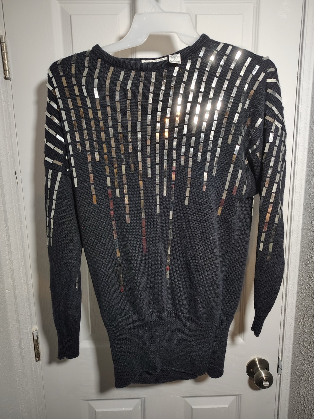 Black Crewneck Sweater with Mirror Tile Embellishments